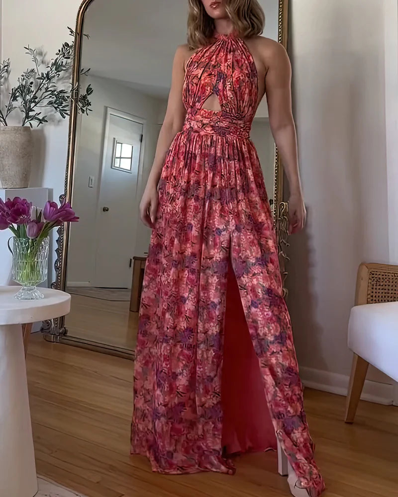 ISA LUNA™ | VESTIDO LARGO SIN ESPALDA CON ESTAMPADO FLORAL