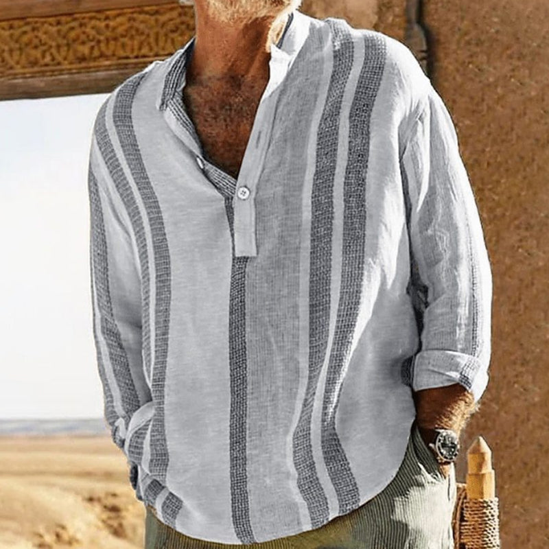 HAVRE™ | CAMISA DE LINO PARA HOMBRE CON ESCOTE EN V Y ESTAMPADO DE RAYAS