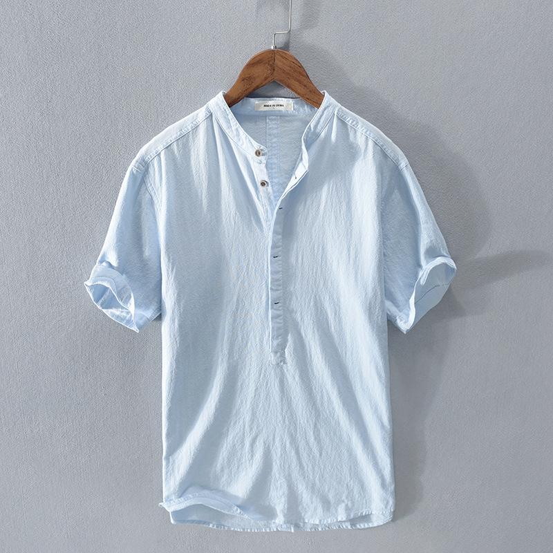 OSLO™ | CAMISA DE LINO Y ALGODÓN PARA HOMBRE CON CUELLO MAO Y MANGA CORTA