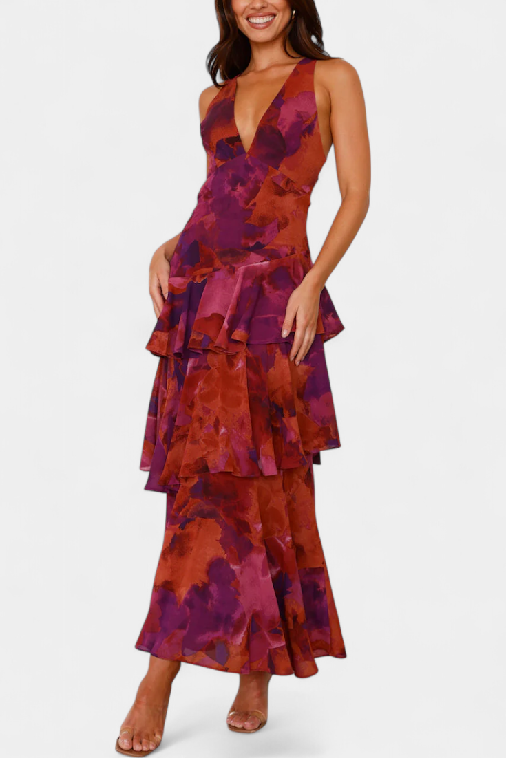 DOMENICA – vestido de gasa con escote en V y capas fluidas