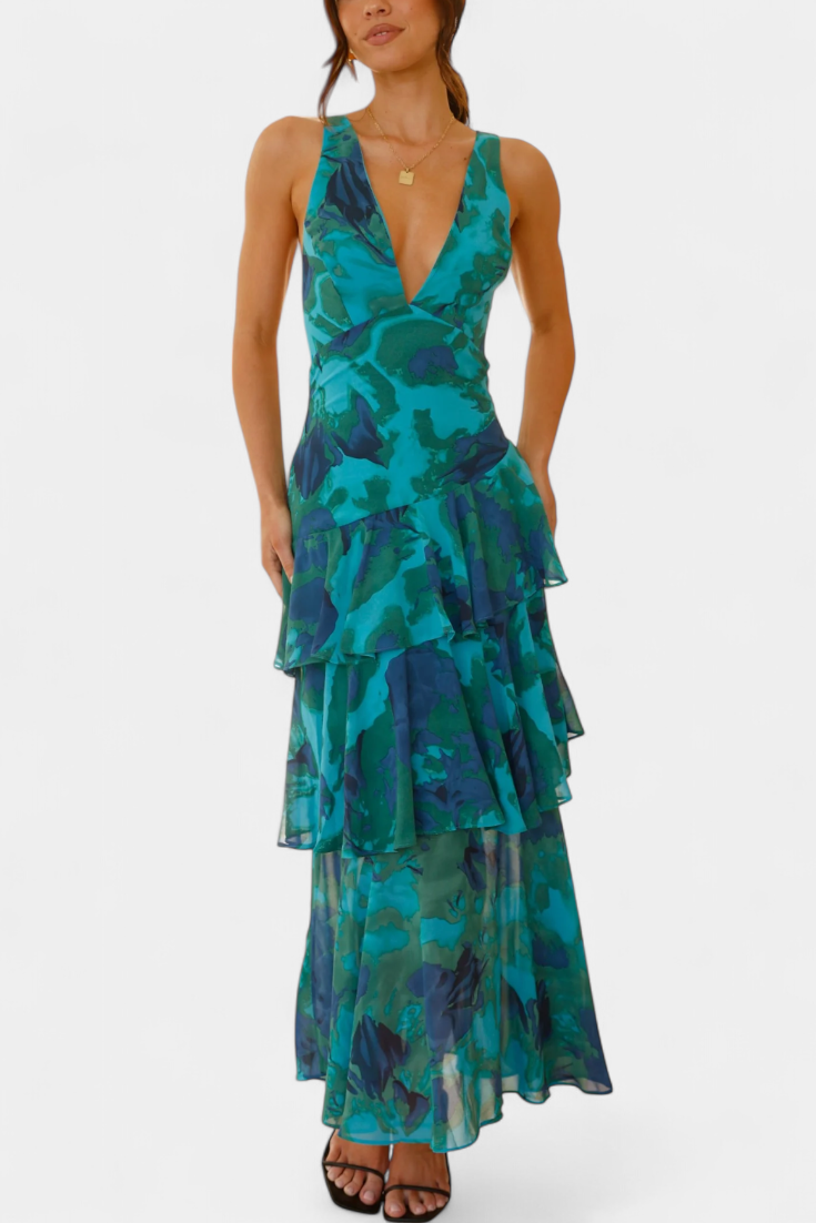 DOMENICA – vestido de gasa con escote en V y capas fluidas