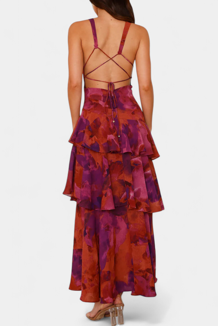 DOMENICA – vestido de gasa con escote en V y capas fluidas