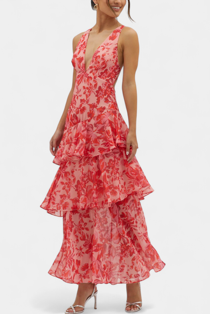 DOMENICA – vestido de gasa con escote en V y capas fluidas