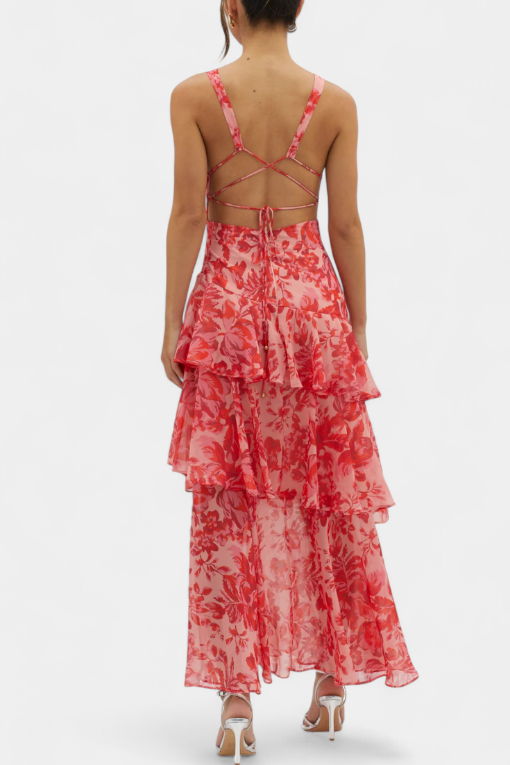 DOMENICA – vestido de gasa con escote en V y capas fluidas