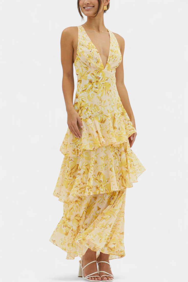 DOMENICA – vestido de gasa con escote en V y capas fluidas