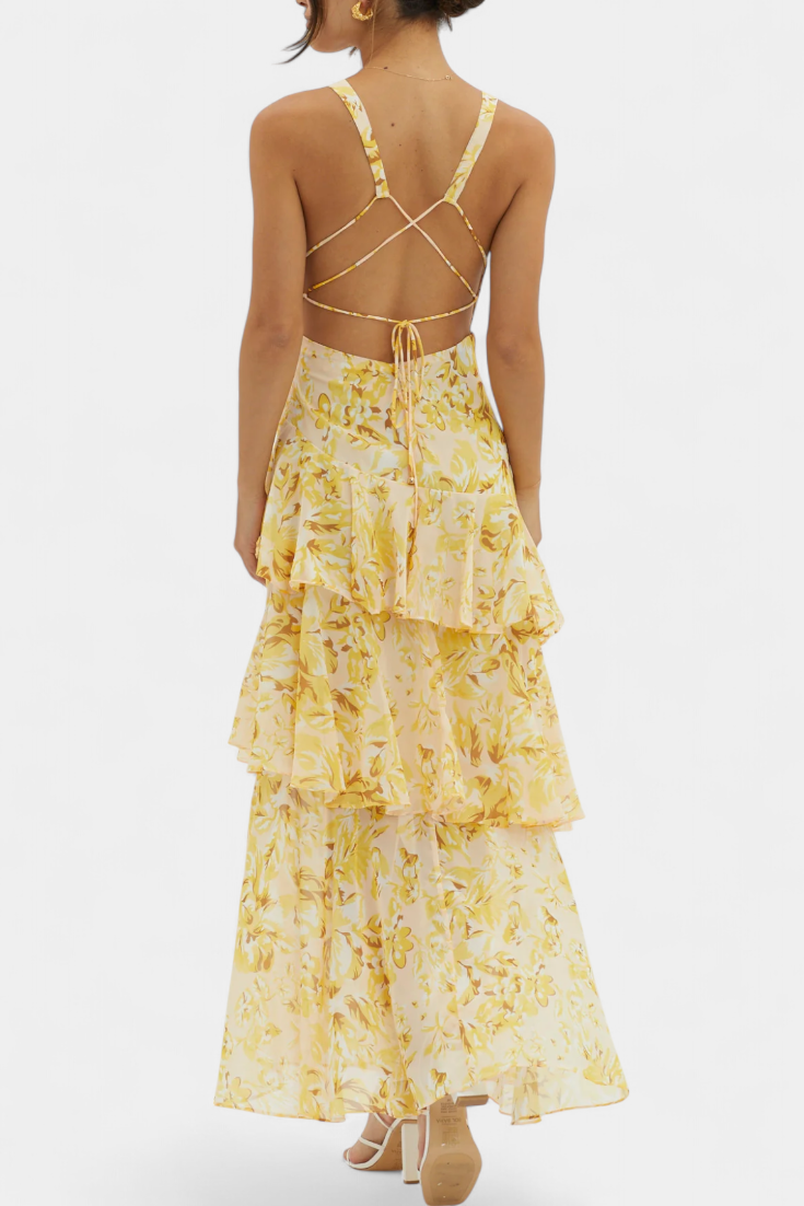 DOMENICA – vestido de gasa con escote en V y capas fluidas