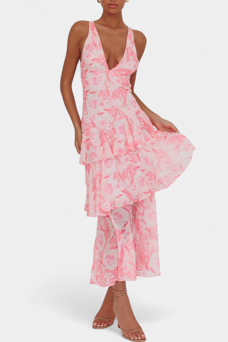 DOMENICA – vestido de gasa con escote en V y capas fluidas
