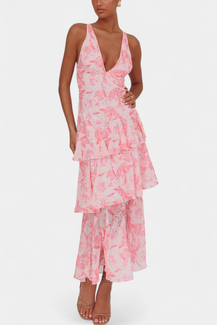 DOMENICA – vestido de gasa con escote en V y capas fluidas