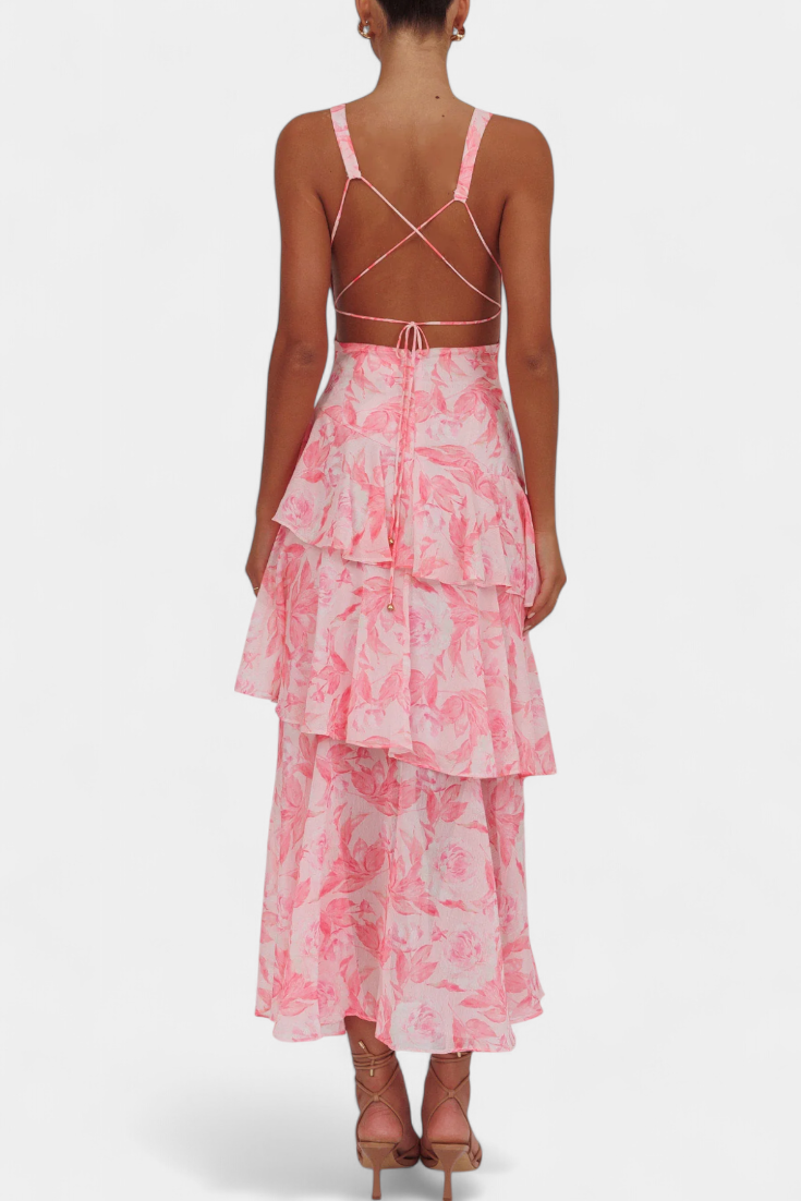 DOMENICA – vestido de gasa con escote en V y capas fluidas