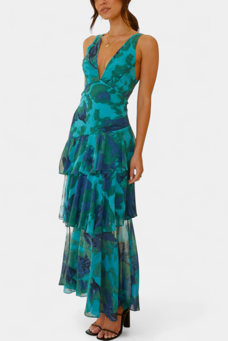 DOMENICA – vestido de gasa con escote en V y capas fluidas